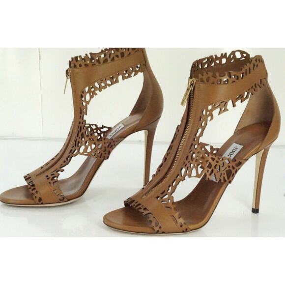 Jimmy Choo Brown Laser Cut Out Megan T Strap Zip Top Sandals - Picture 6 of 10
